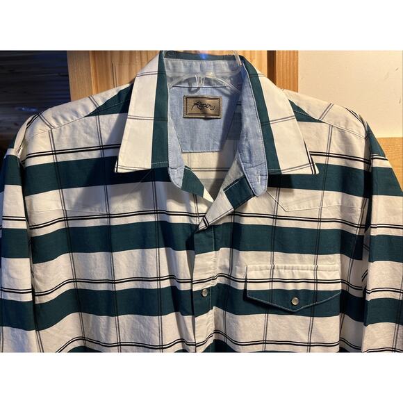 Roper Men’s XL White Green Striped Short Sleeve Pearl Snap Cotton Western Shirt - Picture 5 of 12